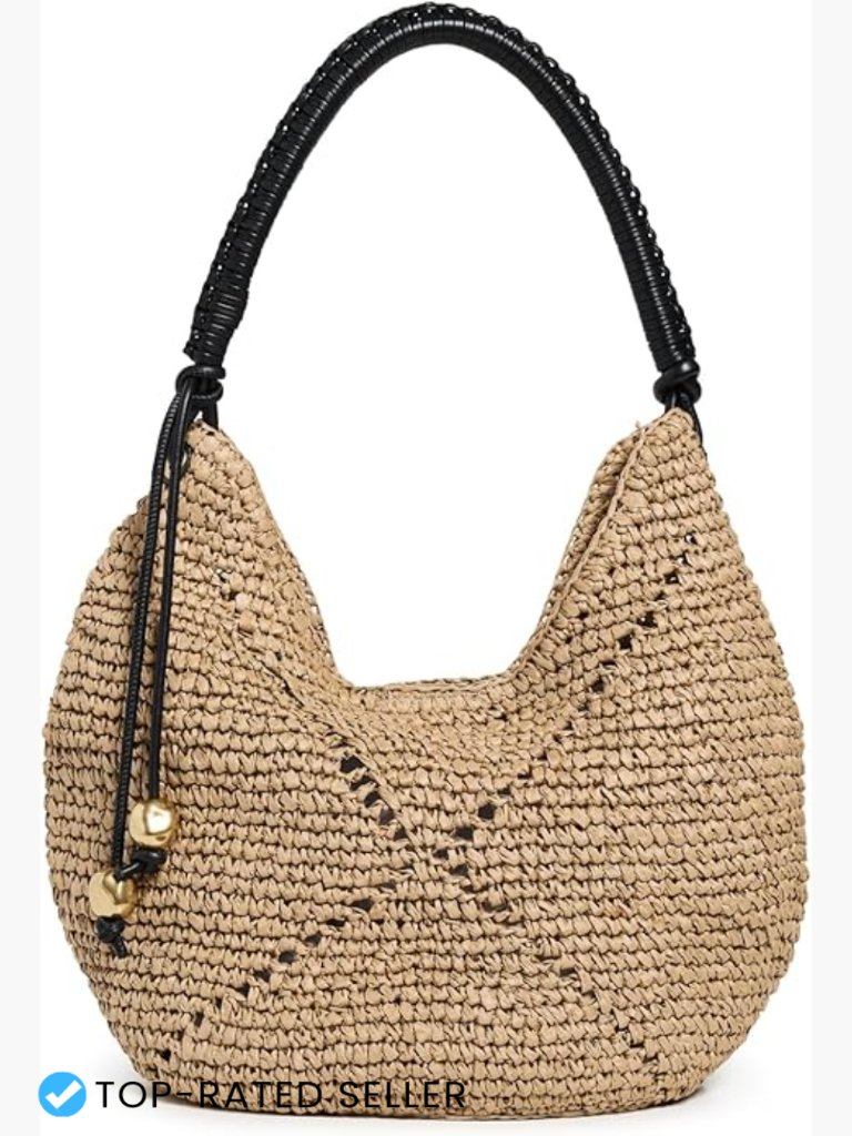 Eyelet Straw Hobo Bag Lightweight Spring Summer Tassel Detail Magnetic Closure